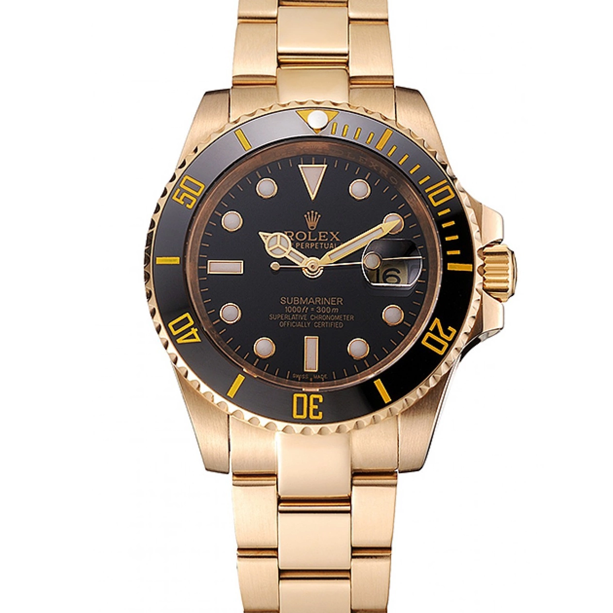 Aaa fake watches Gold Black Rolex Bracelet Yellow Submariner Black Swiss And Bezel Case Dial 0607